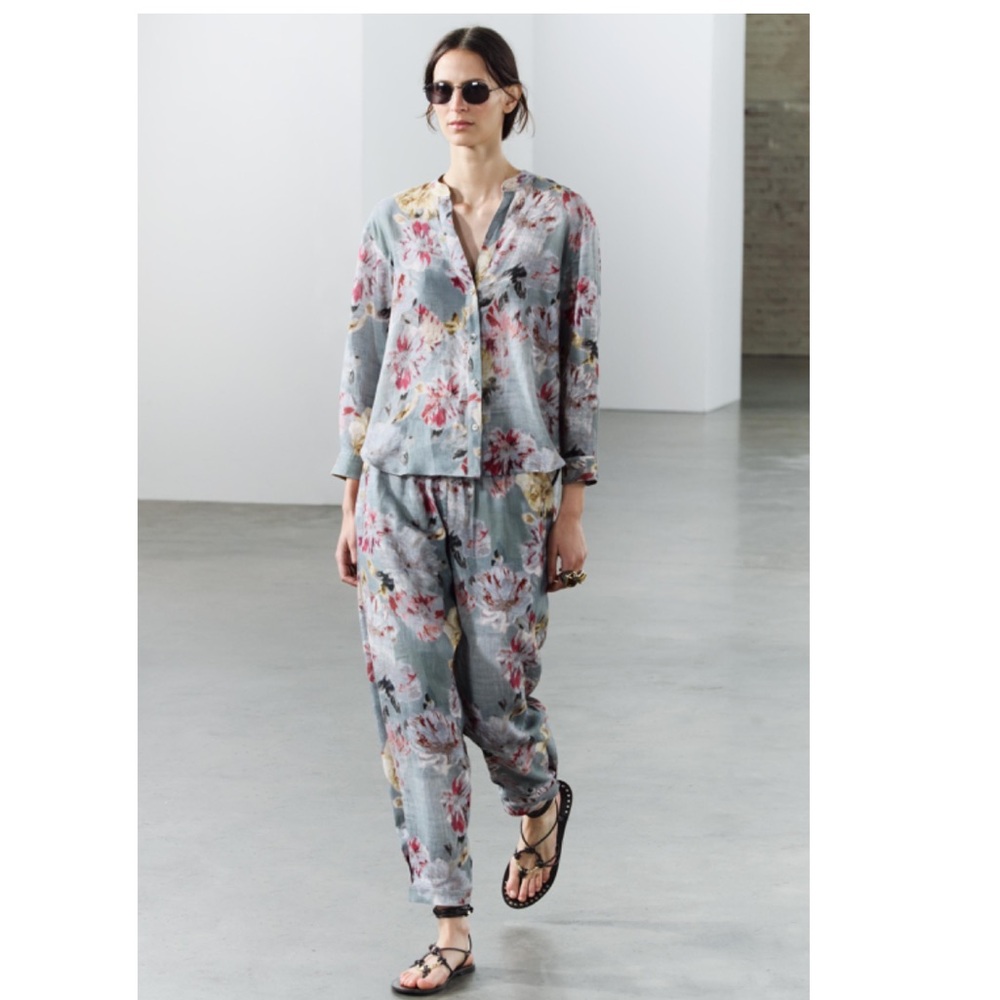 ZARA PRINTED 100% LINEN PANTS ZW COLLECTION SIZE XL